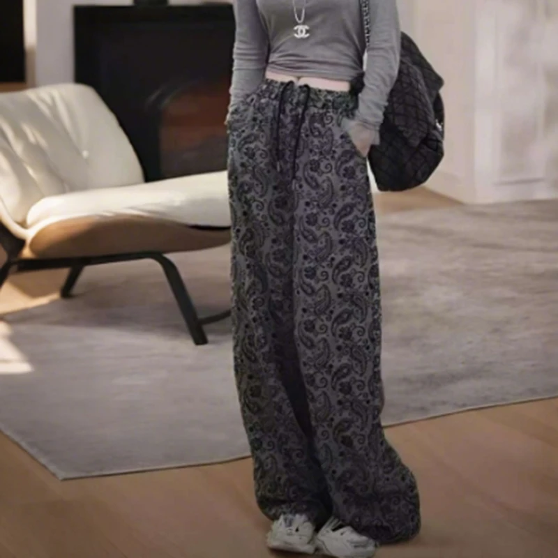 2025夏季新款慵懒风时尚气质休闲百搭松紧腰显瘦印花高腰阔腿裤女
