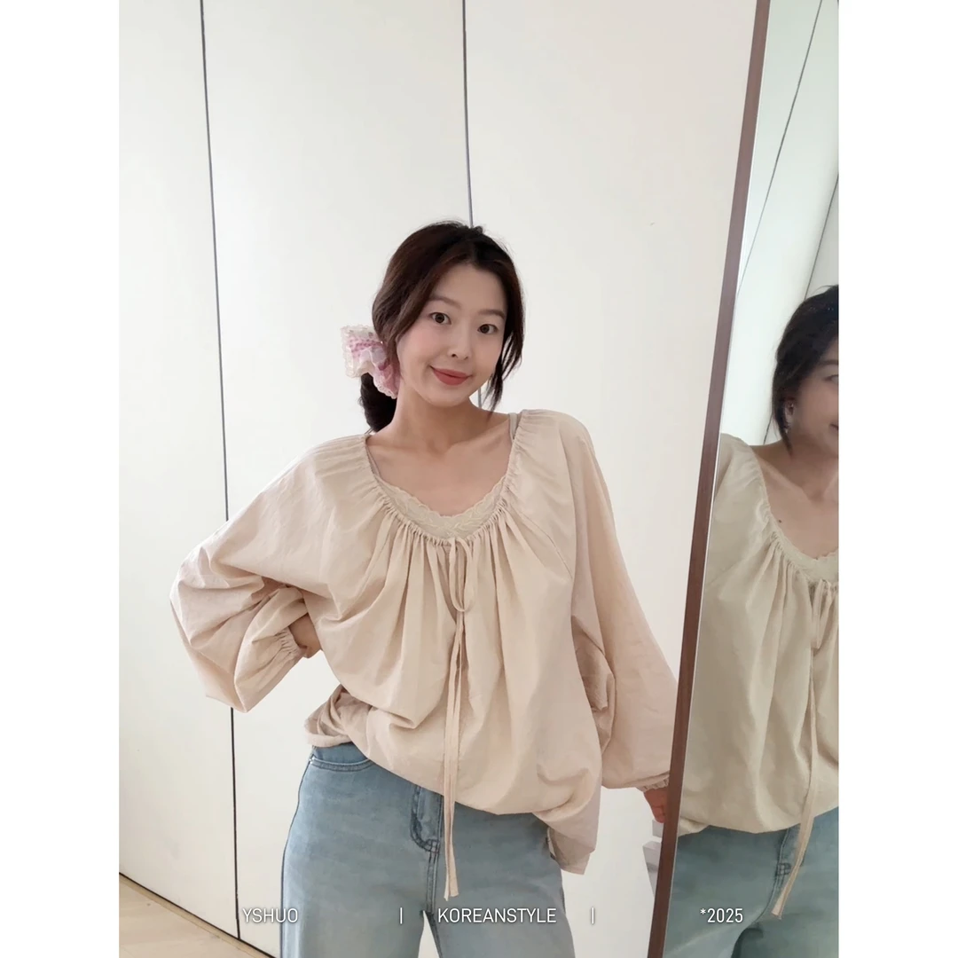 YSHUO【南风意】新款气质圆领麻感宽松衬衫+V领吊带两件套  8820