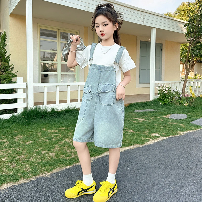 女童裤子套装夏季2025新款儿童洋气中大童韩版牛仔背带裤短裤童装