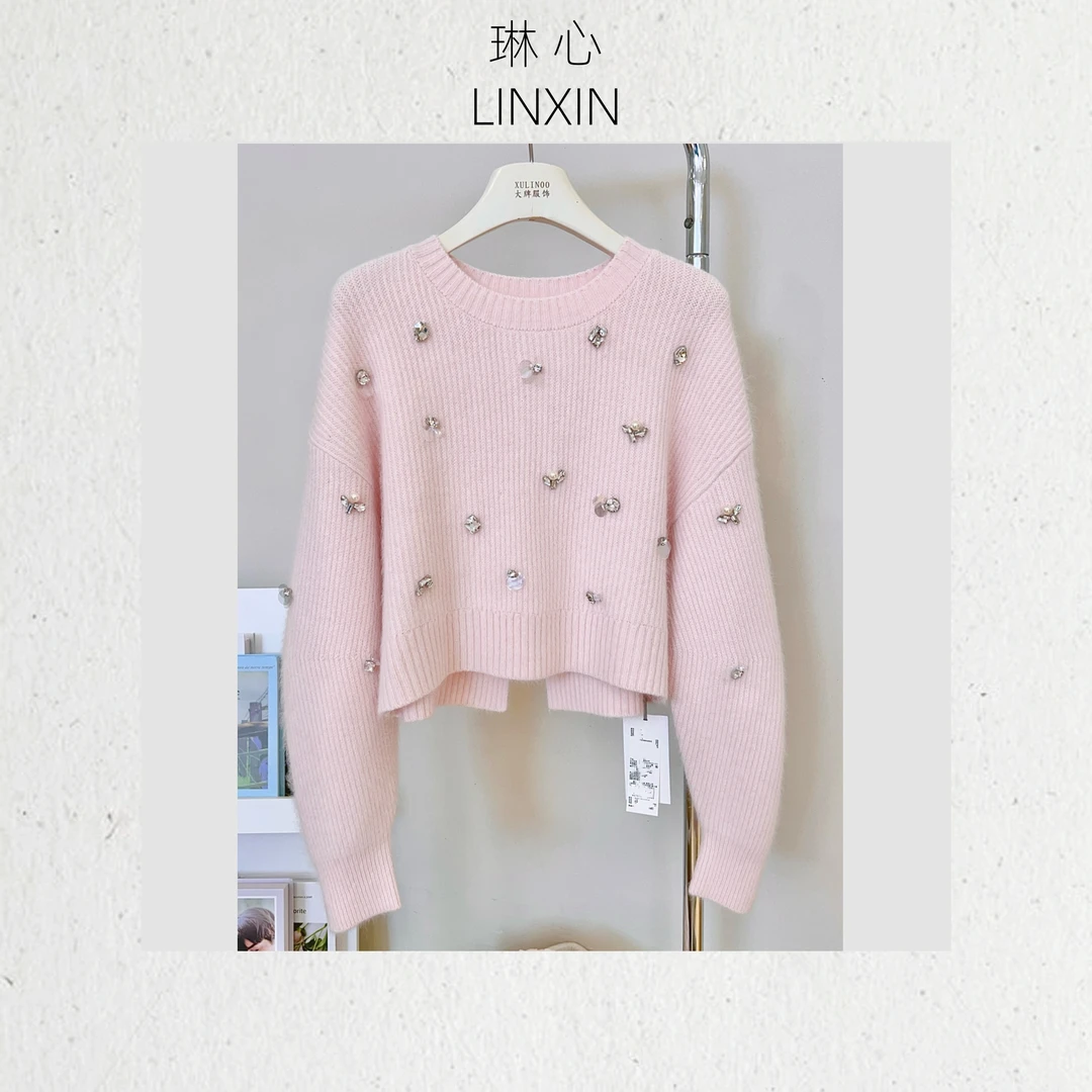丨秋季气质减龄重工亮钻粉色套头针织衫 9423