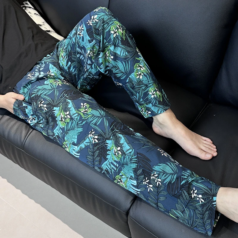 夏季棉绸睡裤男士夏薄款人造棉防蚊裤绵绸灯笼裤度假沙滩长家居裤