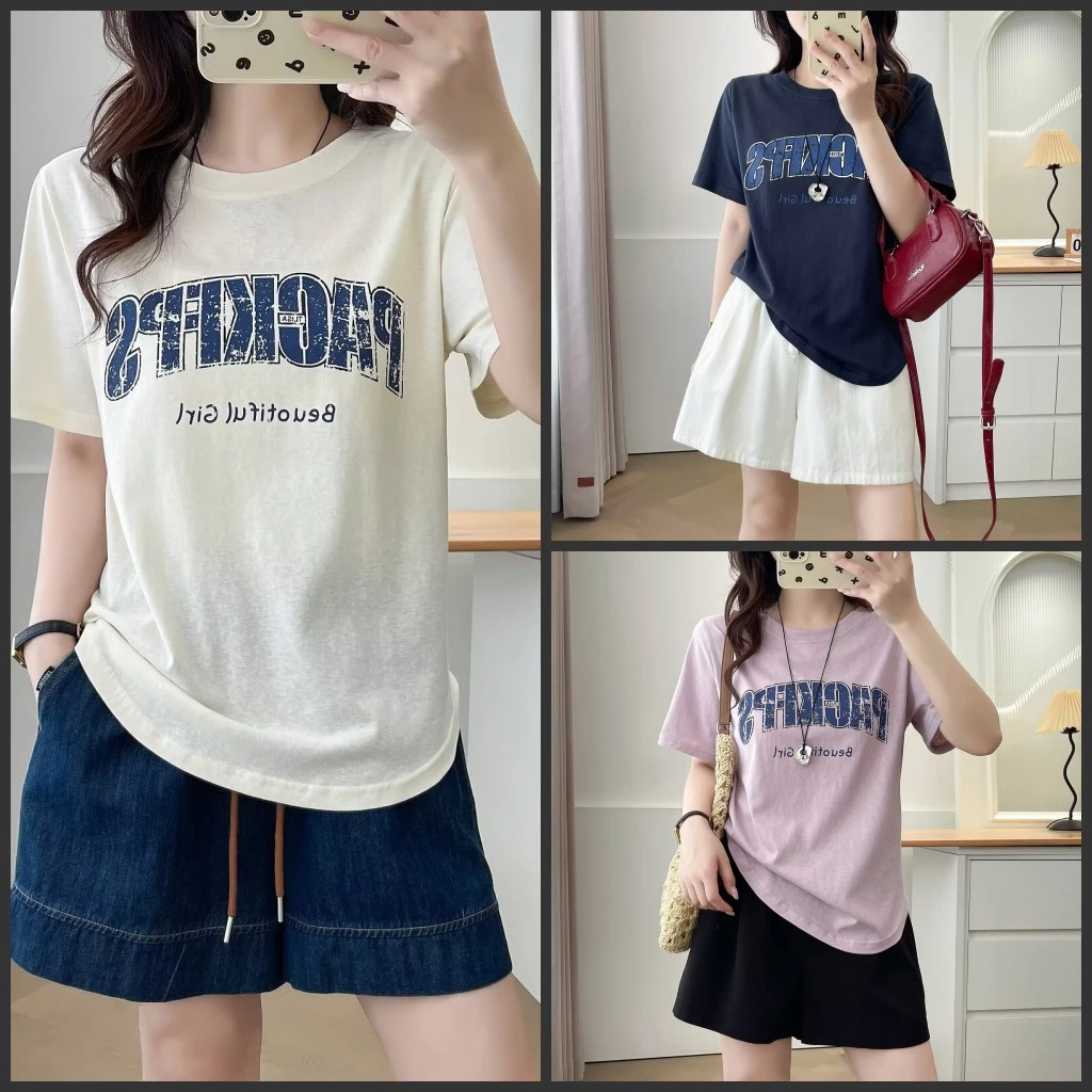 梦冬佳--110-190斤大码女装夏季简约百搭显瘦遮肚子字母短袖T恤衫