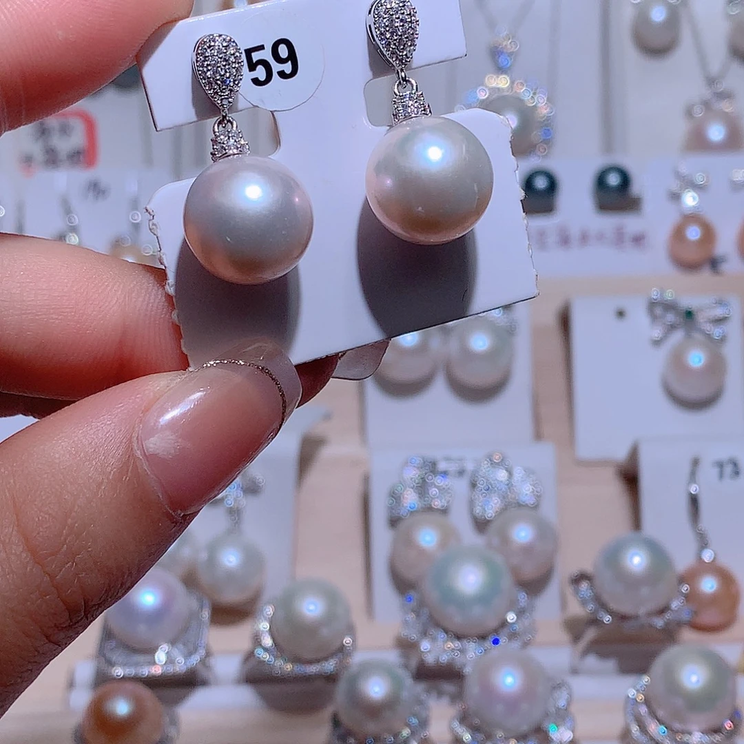 淡水珍珠耳饰银S925镶嵌13mm