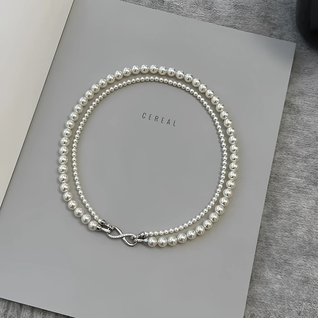 铜合金吊坠 法式精致双层叠戴珠珠项链个性气质锁骨链设计颈链女