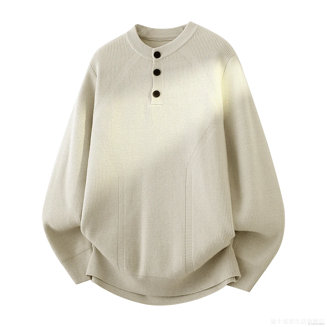 美式亨利领毛衣男女秋纯色慵懒风针织衫潮牌cleanfit宽松运动外套