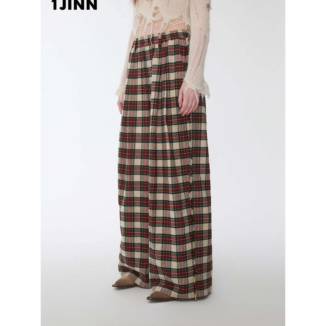 【25冬新VOL.2】1JINN STUDIO 复古红色格纹拉毛休闲阔腿长裤