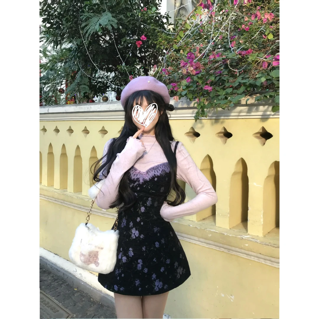 未闻花名 秋冬复古蕾丝显瘦设计感连衣裙+百搭打底上衣C 8311#