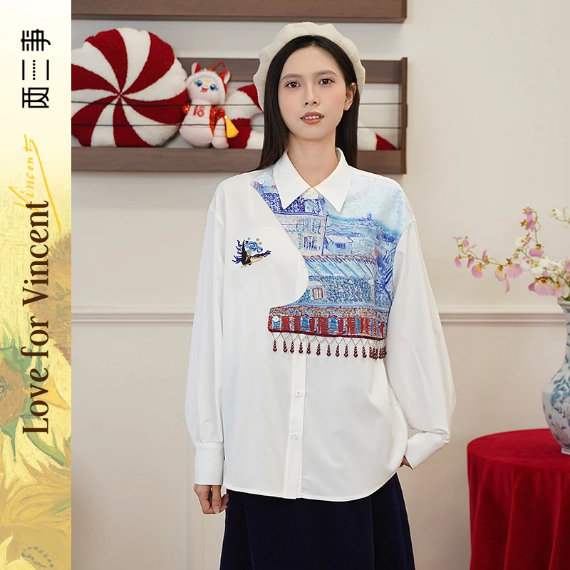 两三事梵高文艺物换星移2025春季新款印花布拼接刺绣假两件衬衫女