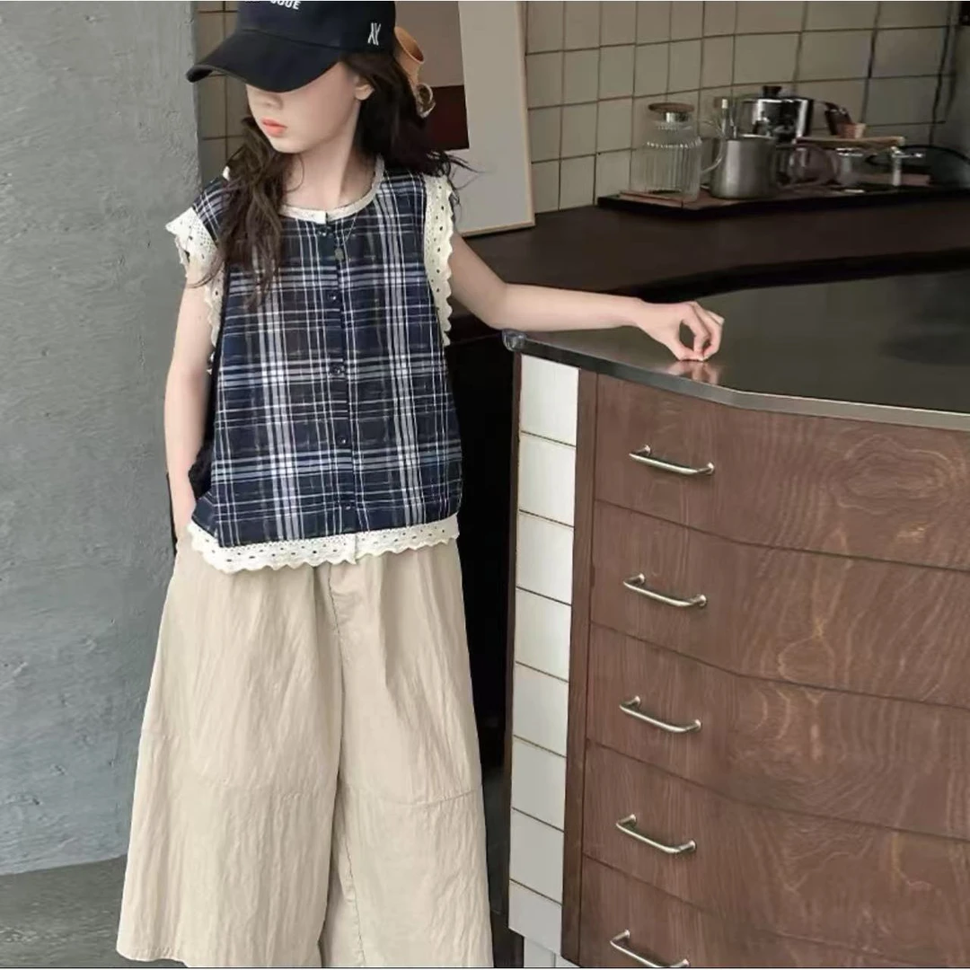 【两件套】新款女童无袖T恤花边蕾丝马甲亲子装直筒裤套装洋气女孩