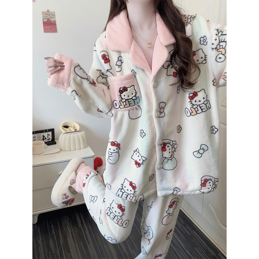 KT猫睡衣女长袖开衫冬季珊瑚绒甜美风少女加厚法兰绒家居服套装