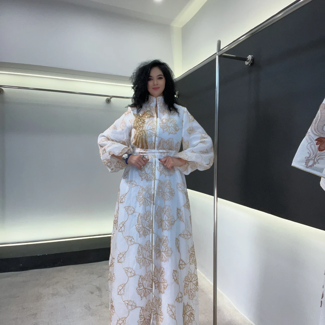 【Mrs MAIMAI】民族风重工烫钻时尚洋气优雅手缝钉珠长款连衣裙A097