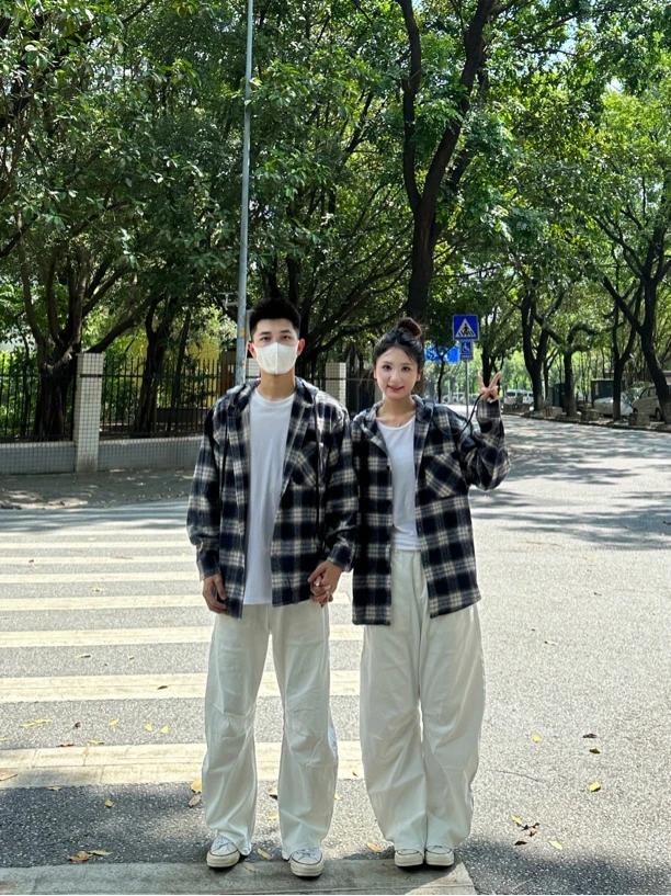 3KU夫妇秋季百搭格纹连帽沉衬衫外套男女情侣休闲上衣HS2351