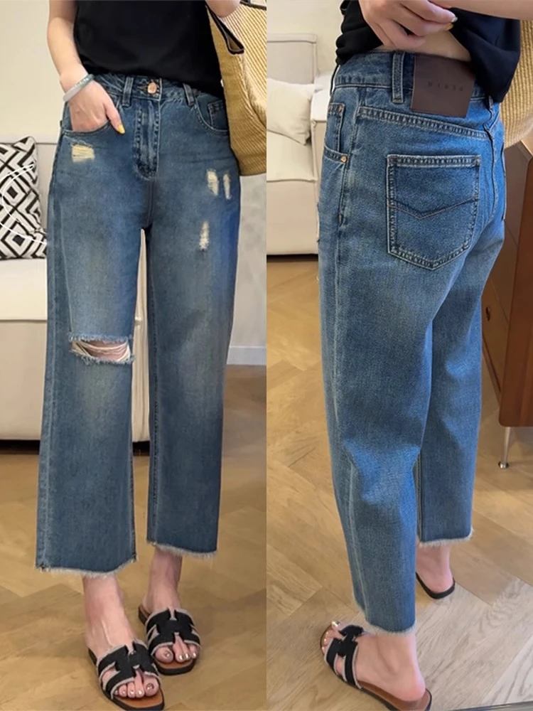 蓝色破洞毛边牛仔裤女夏季薄款大码梨型身材高腰宽松显瘦直筒裤子