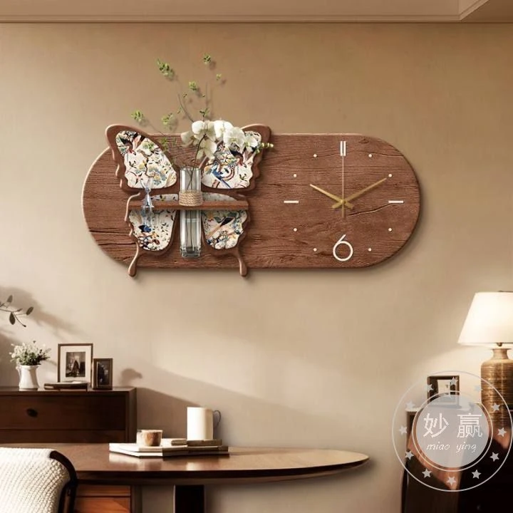 中古风装饰画时钟表法式复古水培绿植背景墙挂画壁画客厅蝴蝶683