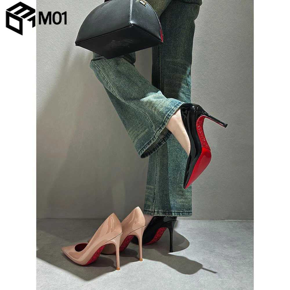 M01黑色尖头水钻红底高跟鞋女2025年新款性感细跟单鞋职业工作鞋