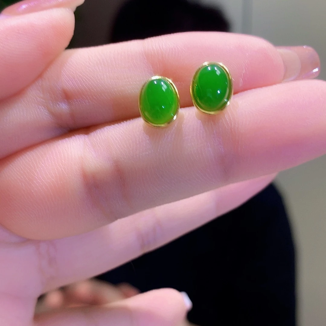 和田玉（碧玉）银S925镀金镶嵌耳饰