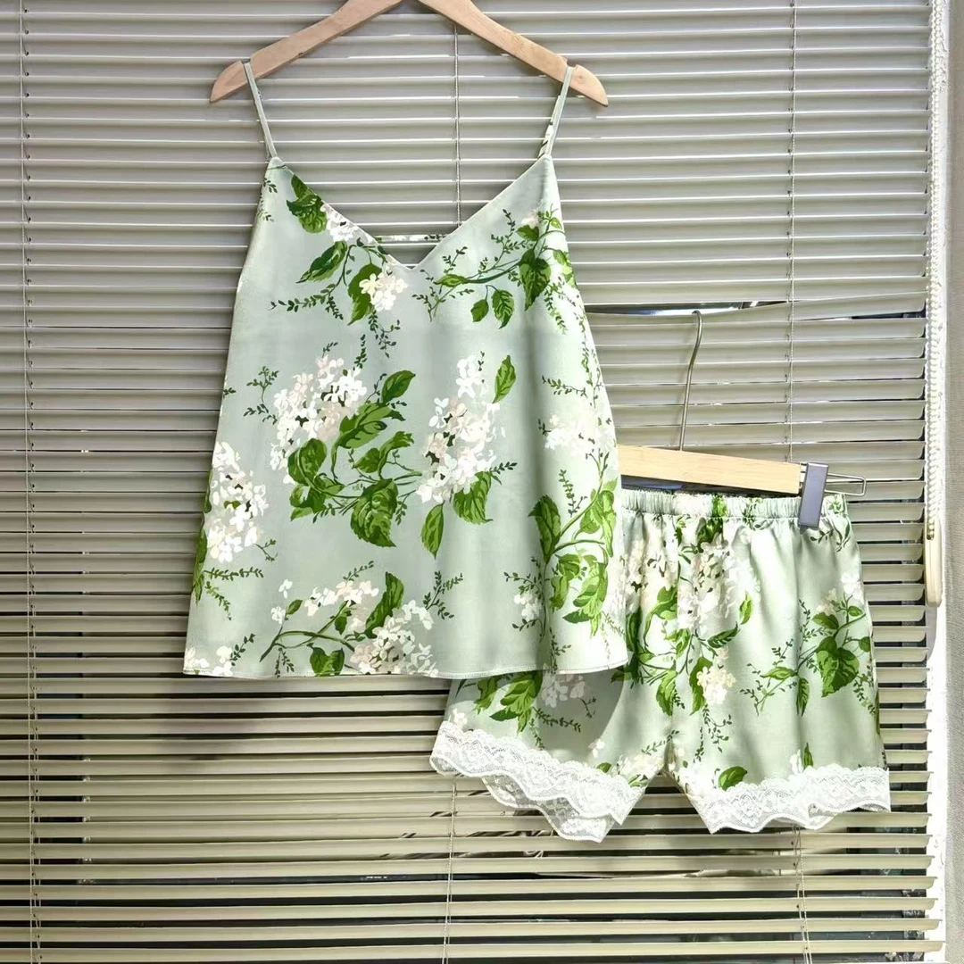 【日月禾】100%桑蚕丝重磅蕾丝吊带短裤套装大版女士T2455