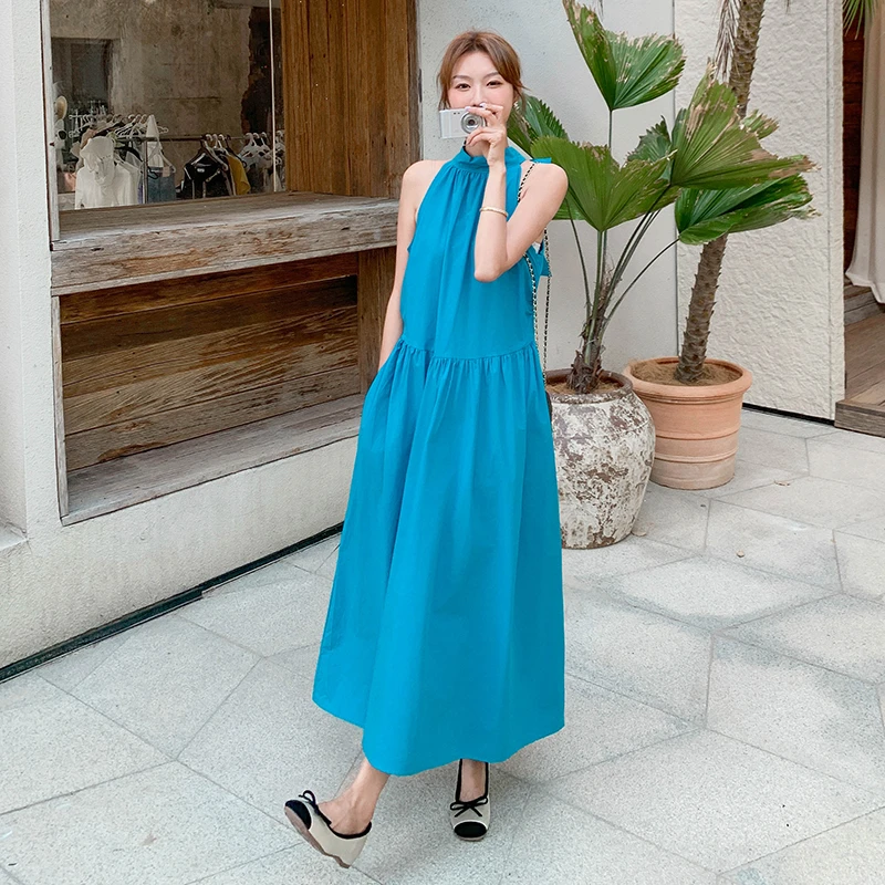 蓝色女神范气质挂脖连衣裙女夏海边度假风氛围感掐腰及踝a字长裙