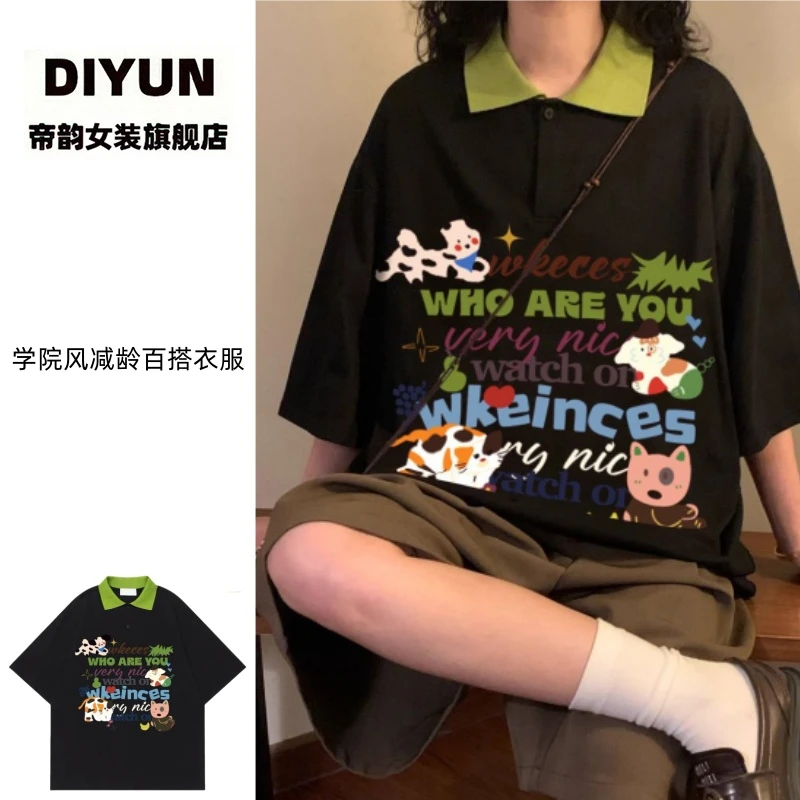 复古纯棉卡通印花短袖POLO衫女夏季学院风减龄百搭学生宽松t恤衫