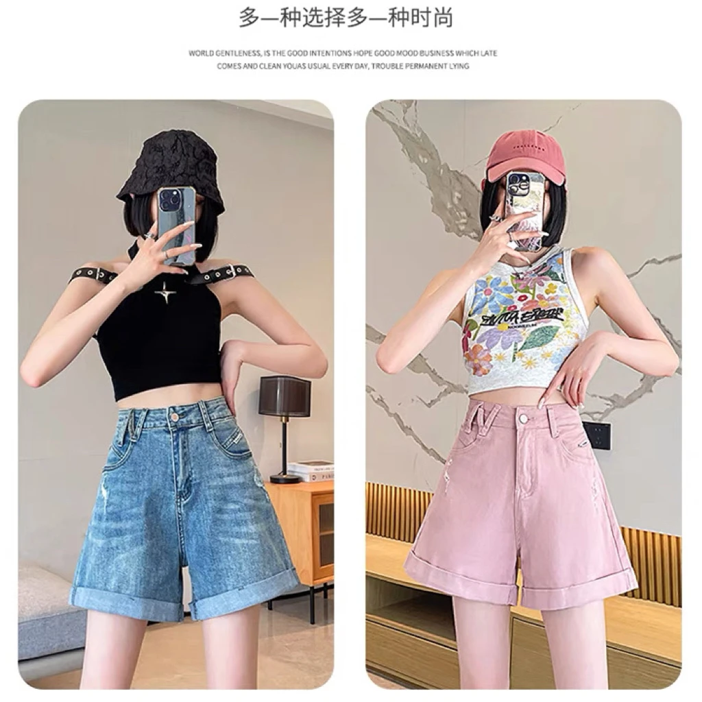 长腿轰炸机高腰翻边宽松阔腿牛仔短裤女春夏高级复古显瘦辣妹热裤