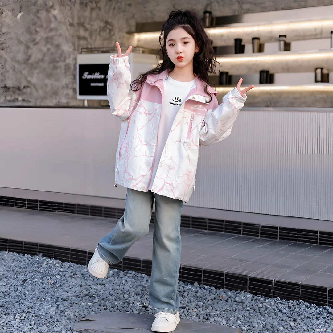 春季极简风时髦普通外套拉链衫女童连帽风衣拉链秋季