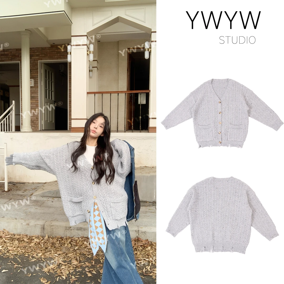 【YWYW25S/S】破损风宽松慵懒百搭时尚针织开衫深V领毛衣3578