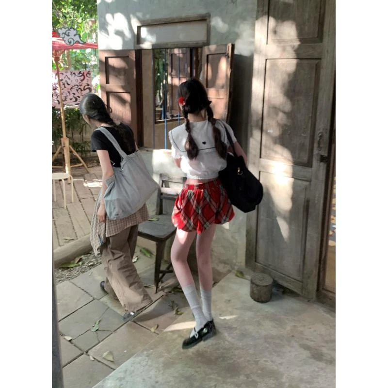 ishui-野树莓-ins洋气百搭小香风苏格兰红时尚格裙百搭泡泡半身裙