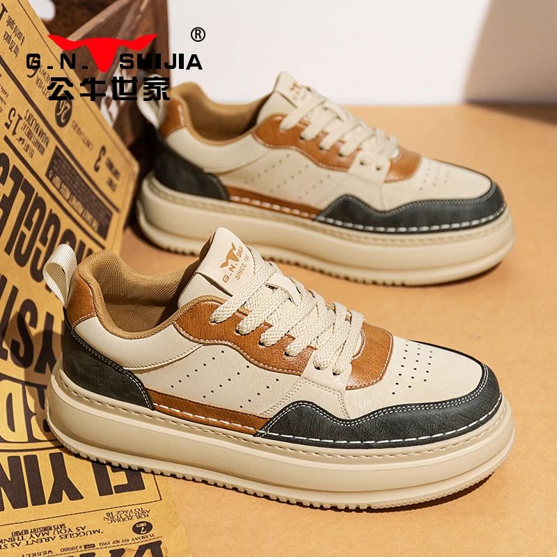 公牛世家男鞋2025春季厚底时尚休闲板鞋男士百搭低帮运动面包潮鞋