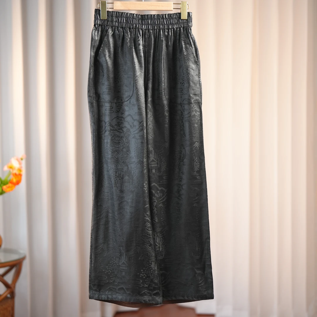 思远-250062新中式桑蚕丝香云纱黑色裤子百搭宽松阔腿裤国风休闲