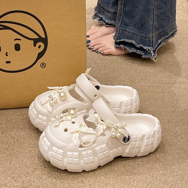 时尚蝴蝶结珍珠洞洞鞋女夏季外穿厚底增高防滑沙滩包头两穿凉拖鞋
