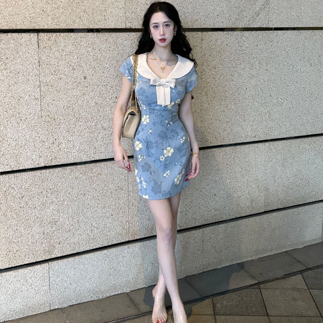 LHMknk1画报夫人学院风新中式国风蓝色旗袍 短款棉花糖特价不退换