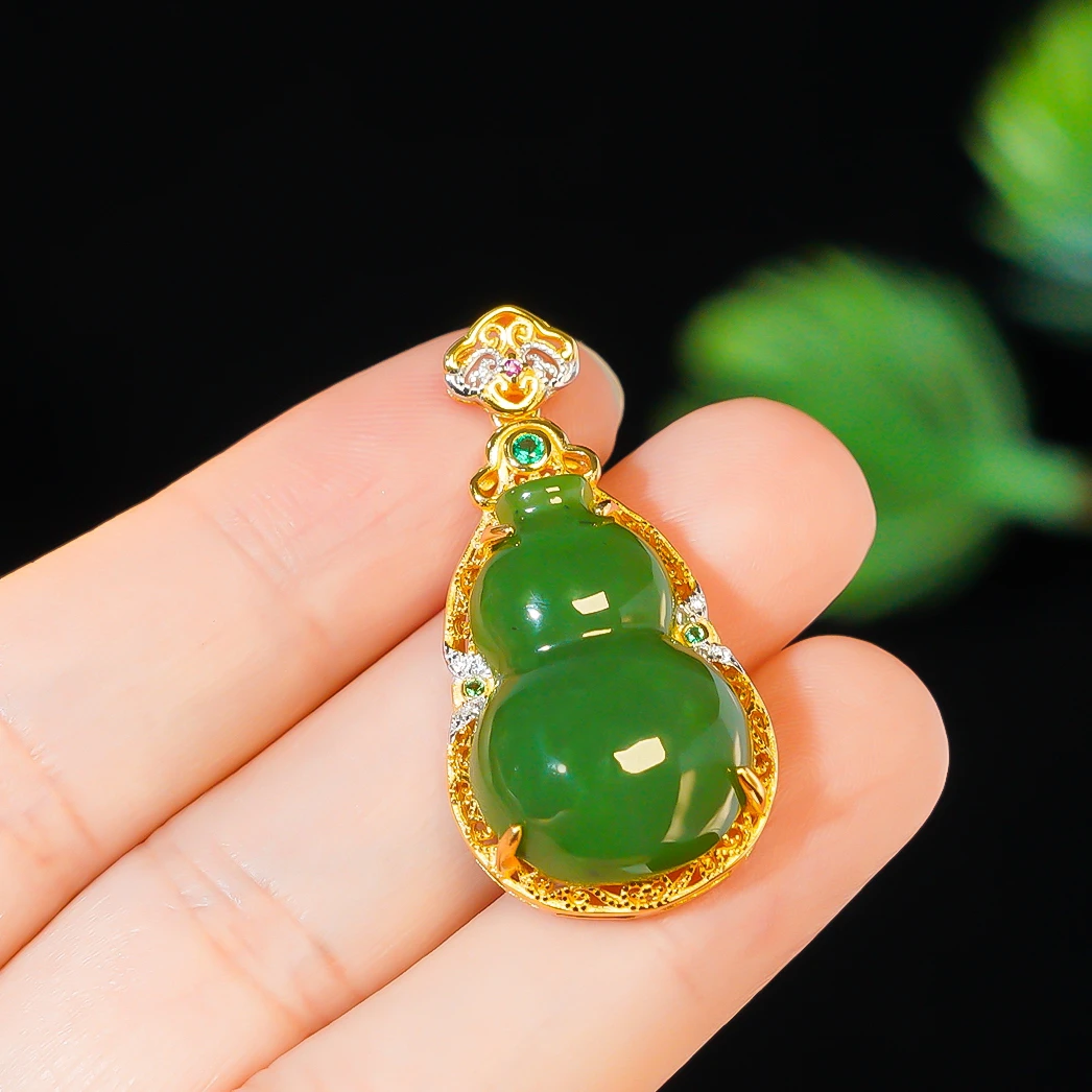 S925银天然碧玉葫芦吊坠和田玉正阳绿色福禄双全玉石挂件富贵气质