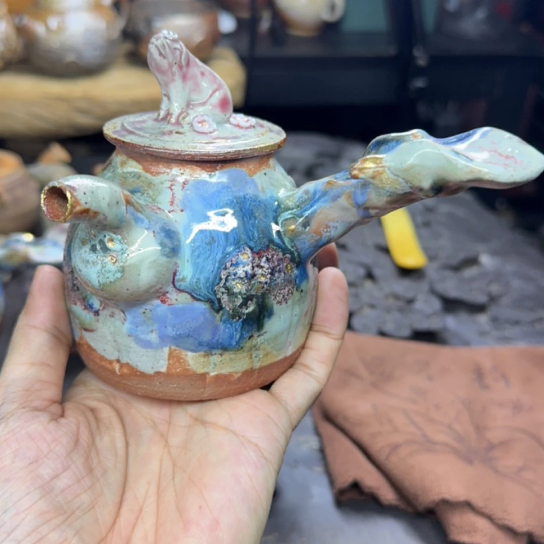 杨树手作虫蛀描金侧把壶