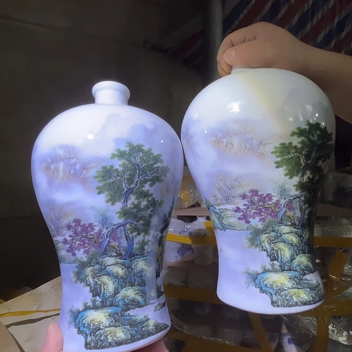 瓷片景德镇陶瓷山水梅瓶大号一对
