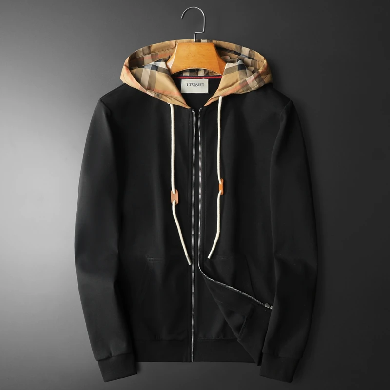 Tispair春秋新款男士休闲连帽开衫卫衣高端潮牌轻奢大码格子外套