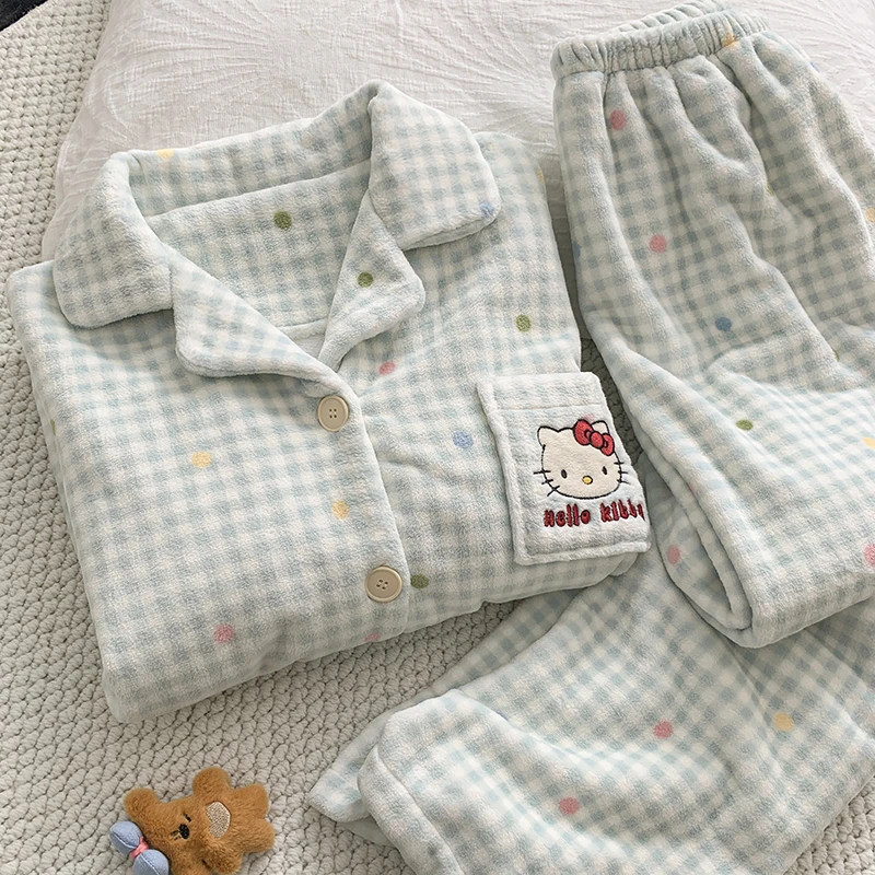Hellokitty珊瑚绒睡衣女秋冬季加绒保暖冬款卡通慵懒风格子家居服