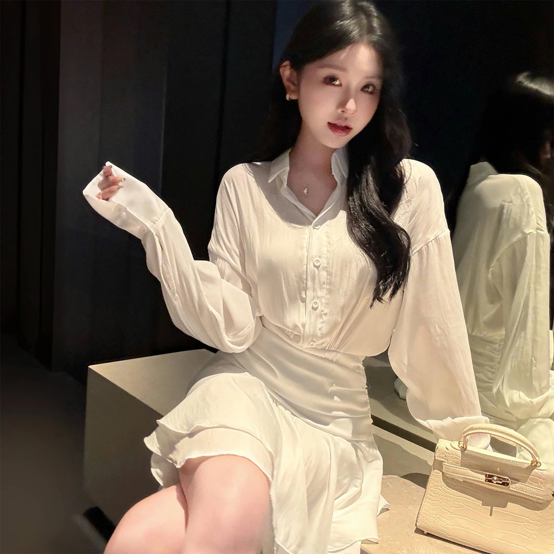 小可WIWI衬衫连衣裙女2025秋季新款气质修身显瘦polo领长袖短裙子