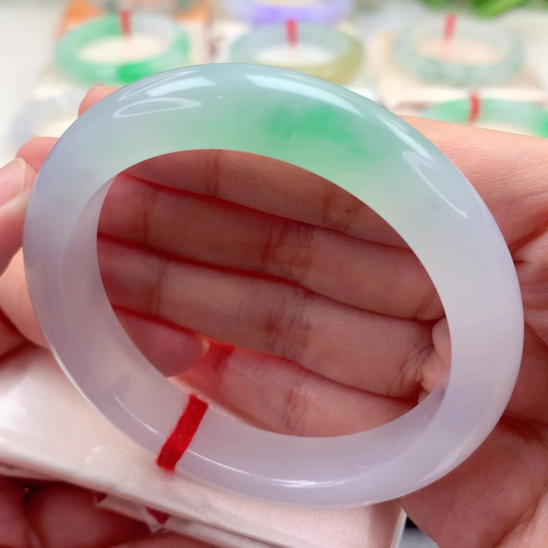 未镶嵌手镯翡翠56.6冰胶白底青 清爽活力 完美 喵喵