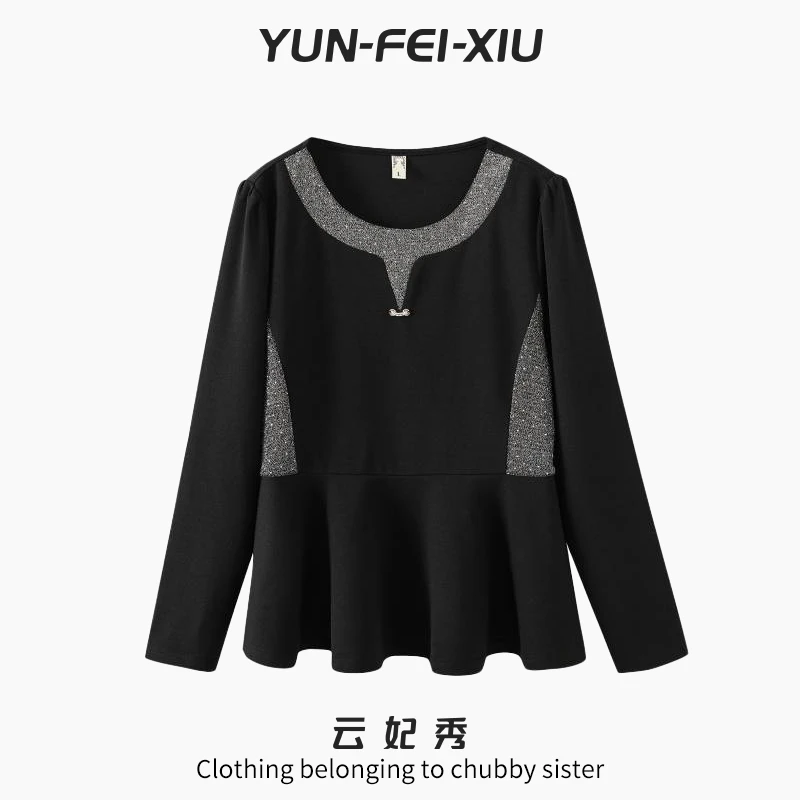 云妃秀大码女装T恤拼接显瘦遮肉胖妹妹高级感气质百搭上衣秋28125