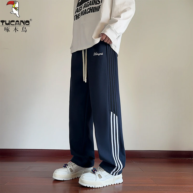啄木鳥运动休闲裤男港风春秋季百搭大码直筒竖条纹男士休闲裤子