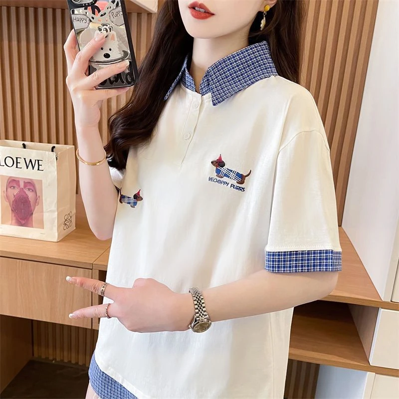 学院风假两件拼接polo领短袖t恤女韩版宽松夏季新款百搭显瘦上衣
