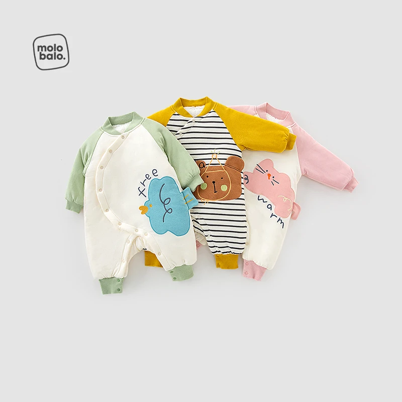 【暖冬夹棉】麦拉贝拉婴儿连体衣偏开护肚冬季保暖宝宝爬爬服卡通