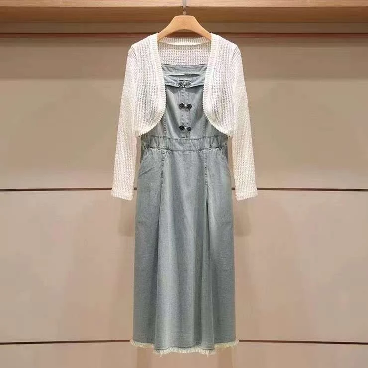 T053蕾丝显瘦气质牛仔时尚百搭减龄拼接套裙