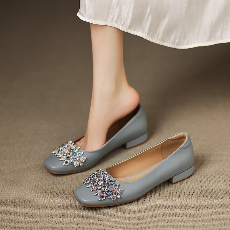 头层牛皮！气质优雅水钻真皮单鞋女2025新款方头低跟小皮鞋女软底