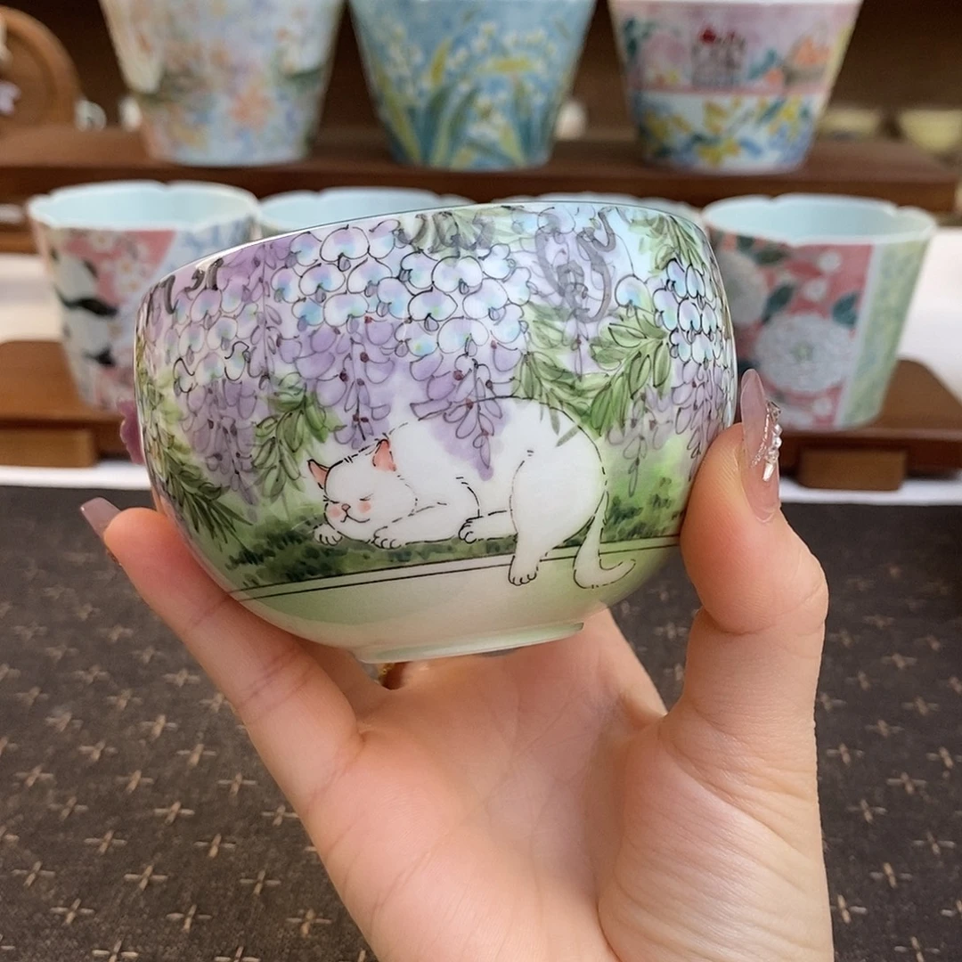 手绘釉下彩猫咪紫藤花