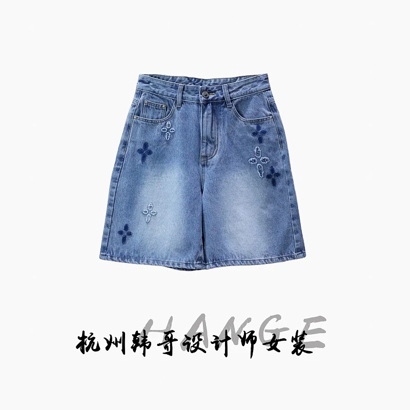 【韩哥女装】欧货设计师造型感水洗蓝色烫钻做旧牛仔短裤8297-H8