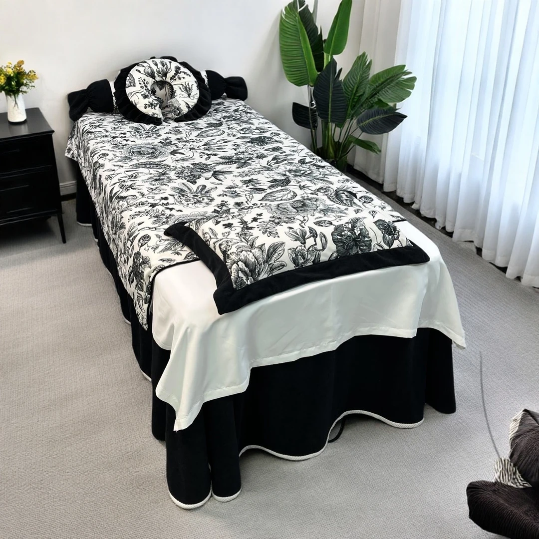 新款美容床罩四件套黑茶小香风森系轻奢美容院专用按摩理疗床套
