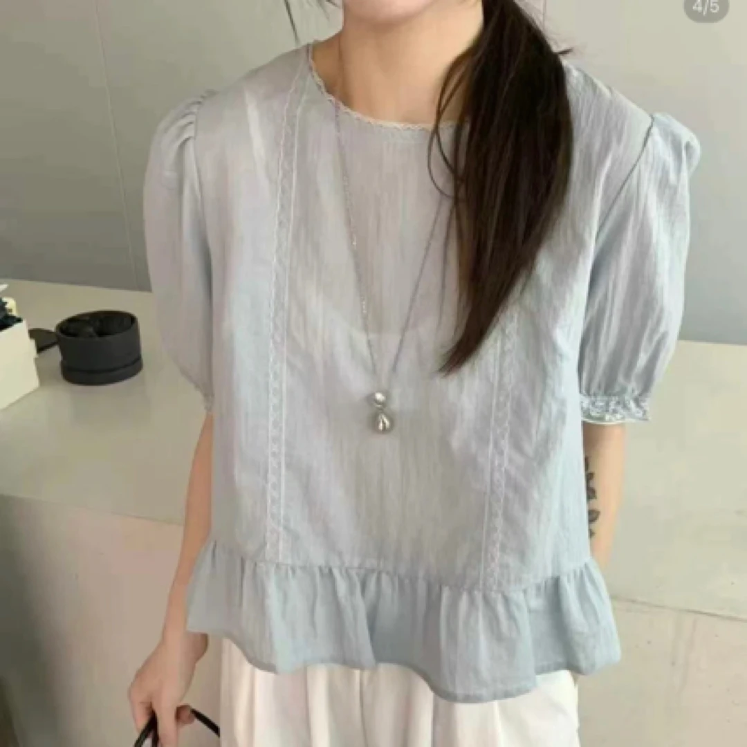 防晒夏季衬衫袖蕾丝短袖成人衬衫时尚方领衬衣百搭上衣