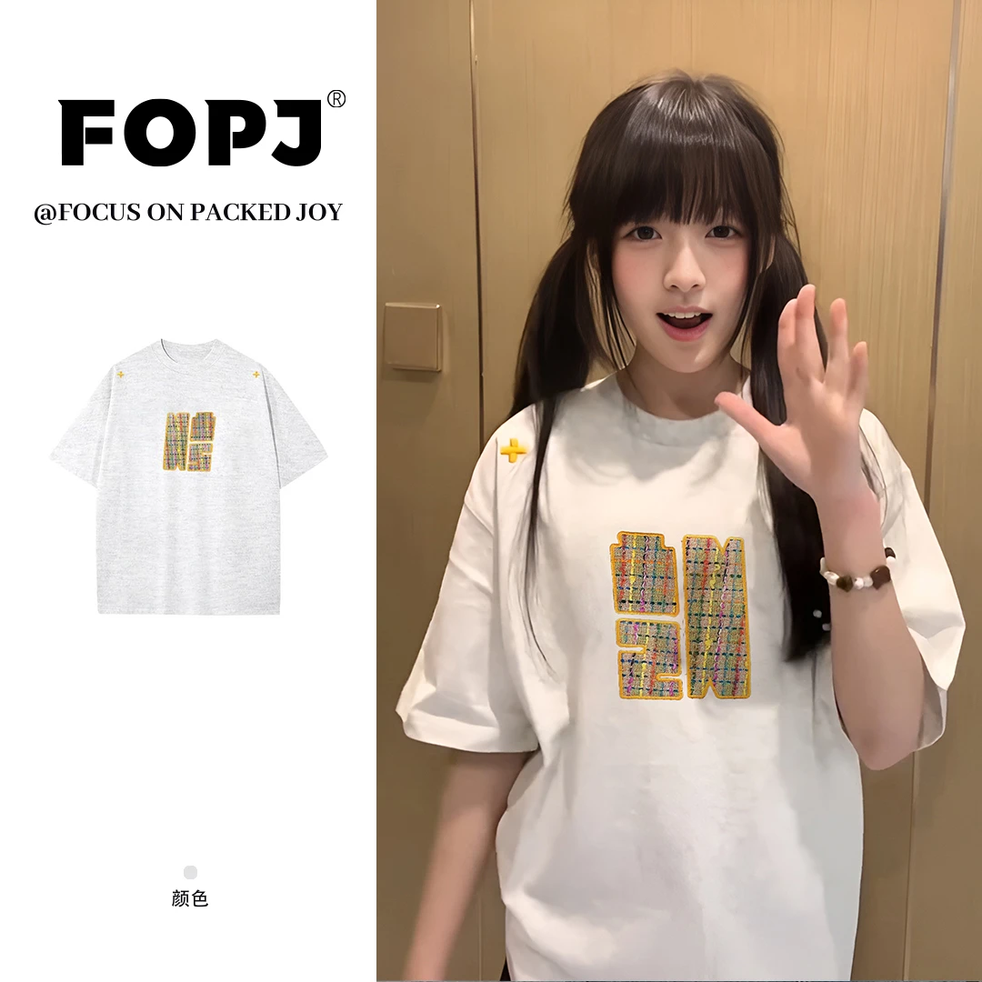 FOPJ美式复古慵懒风刺绣t恤女夏季新款短袖设计感宽松圆领ins上衣