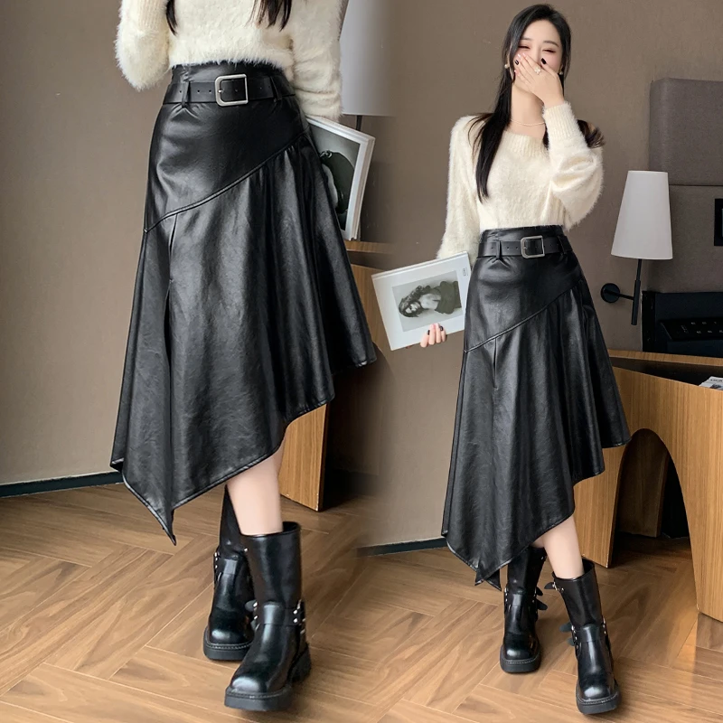 不规则皮裙半身裙秋冬2025新款高腰A字裙中长款裙子开叉显瘦伞裙